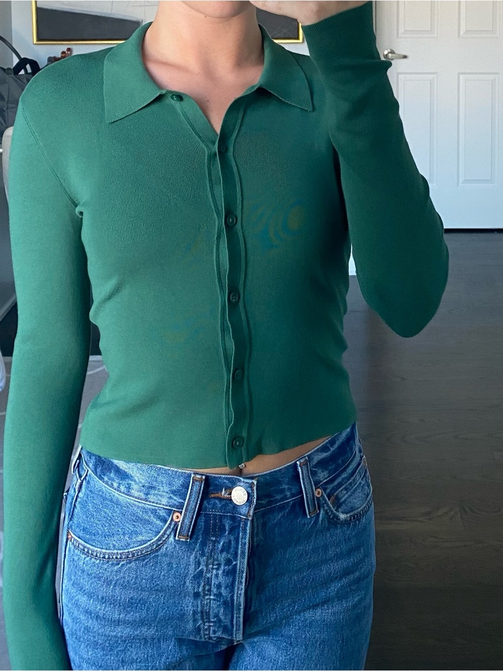 Aritzia Green Long Sleeve Button Down Crop Top - Picture 2 of 3